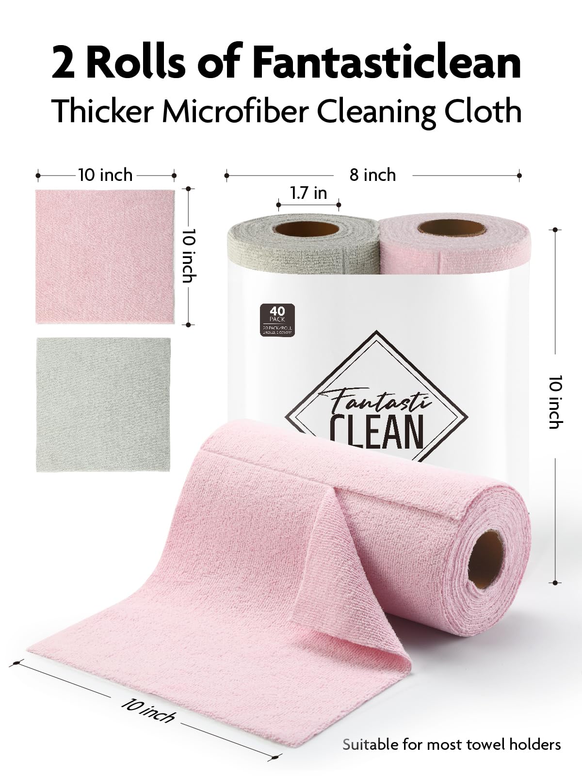 Fantasticlean Tear-Away Dish Cloth - 40 Sheets - 10'' by 10'', Reusable Washable Kitchen Towel Rolls, Super Absorbent and Thick Microfiber Cleaning Cloths (2 Rolls of Pink and Grayish)