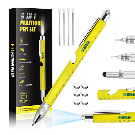 Cool Pen Gifts for Men, 9-in-1 Multi Tool Tech Pen Gadgets Tools for Men, Personalized Gifts for Dad or Him, Funny Gift for Christmas, Father's Day Valentines or Birthdays Gifts (9 IN 1 Yellow)