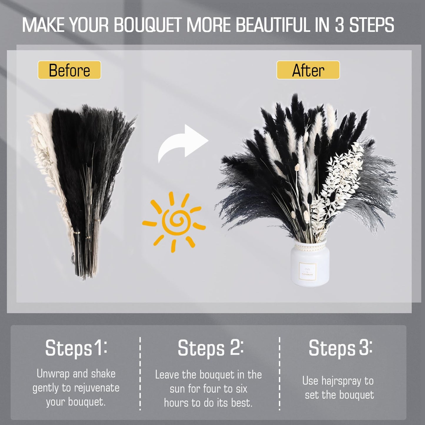 102PCS Black Pampas Grass Decor, Grey White Natural Dried Pampas Grass Bulk, Boho Home Decor Bouquet, Black and White Dried Flowers Decor, Halloween Wedding Floral Arrangements Vases Decorations