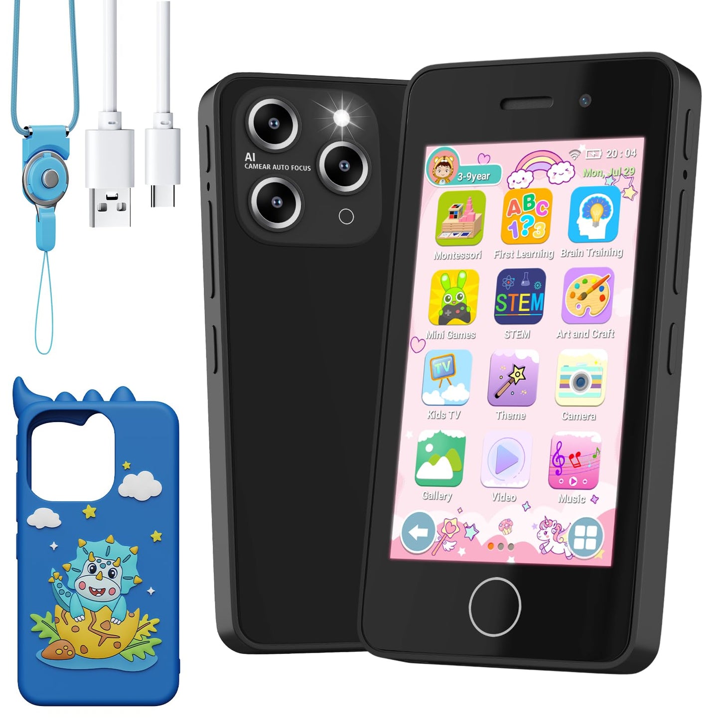 Kids Smart Phone for Boys, 4.0" Touchscreen Learning Music Puzzle-Games Toddler Phone for Kids Ages 3-9, Dual Camera，Built-in 8G SD Card Kids Phone Toy, Gifts for Kids Cell Phone Toy, Light Blue