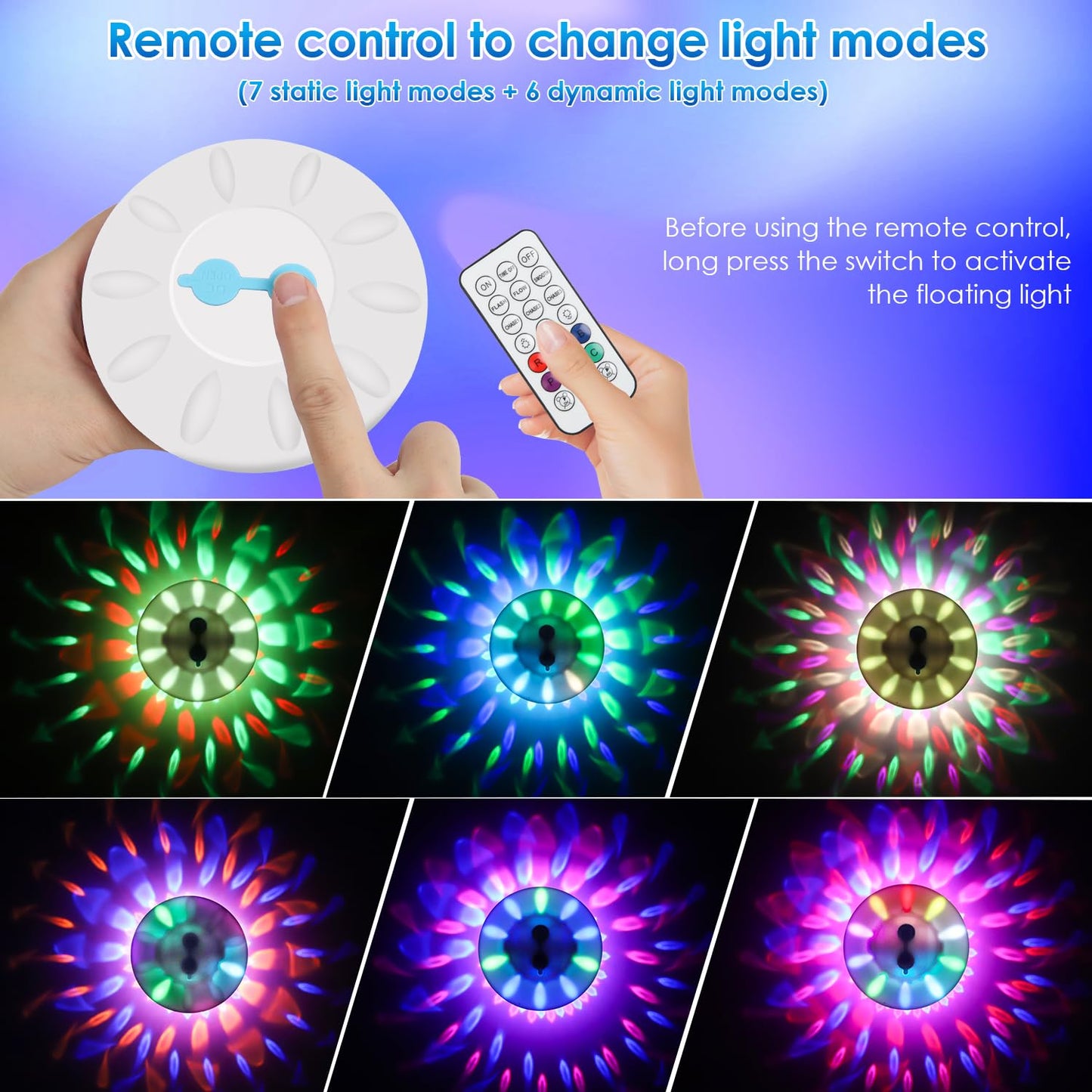 QOLNBY Floating Pool Lights, Rechargeable Pool Lights with 6 Dynamic Lighting Effects, Upper and Lower Color Changing Floating Light, IP68 Waterproof Lights for Pools, Hot Tubs, Fountain 1 Pack