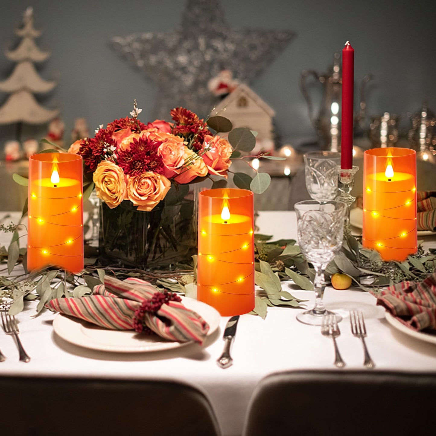 NURADA 3"x6"Flickering Flameless Candles: Built-in Star String Lights 3D Wick Battery Operated LED Pillar Candles with Remote and Timer for Thanksgiving Dinner Tables Wedding Home Fall Decor Orange