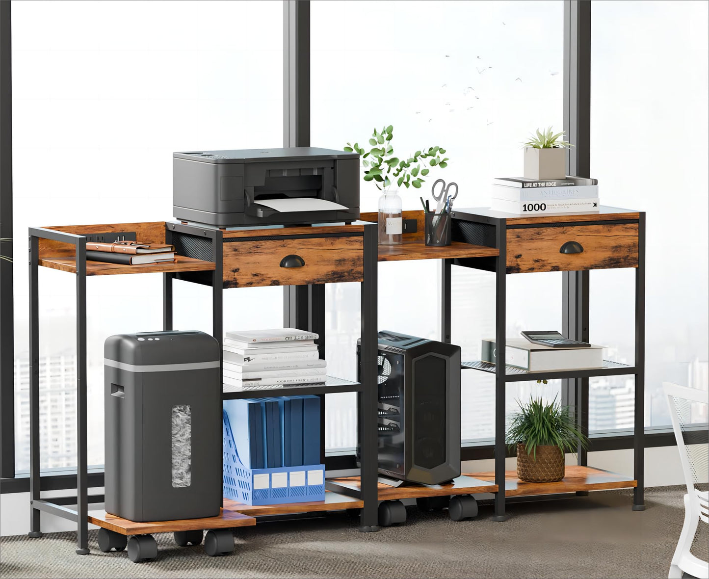 Furologee Printer Stand with Storage Drawer,Printer Table with Charging Station and USB Port,Industrial 3 Tier Shelf, Shredder Stand with Wheels,for Home Office,Rustic Brown