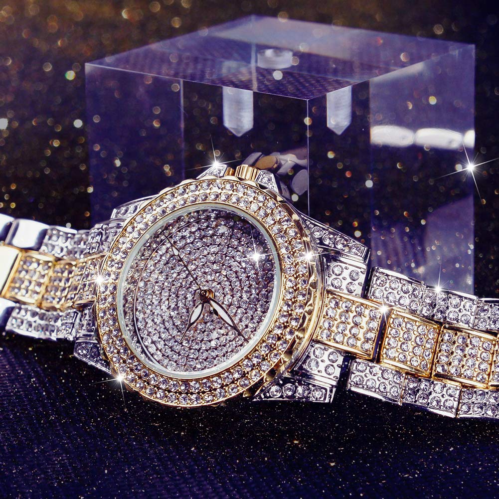 Smalody Round Luxury Women Watch Crystal Rhinestone Diamond Watches Stainless Steel Wristwatch Iced Out Watch with Japan Quartz Movement for Women | Simulated Lab Diamonds (Mix Gold)