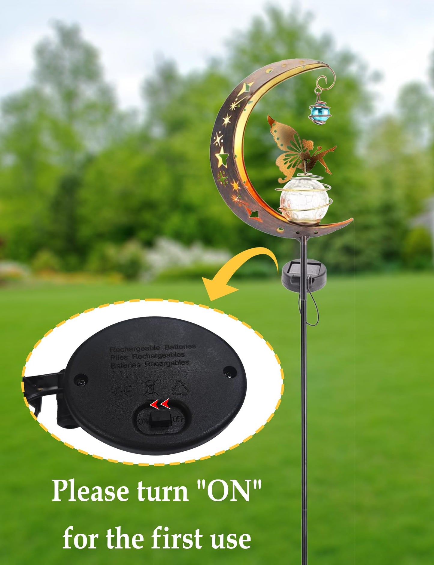 FKKsparkler Solar Powered Garden Decor Lights Moon Fairy Crackle Glass Globe with Gold Angel Decor Waterproof Stake Lights for Pathway, Yard, Lawn, Patio Outdoor Decor Garden Gifts Decoration