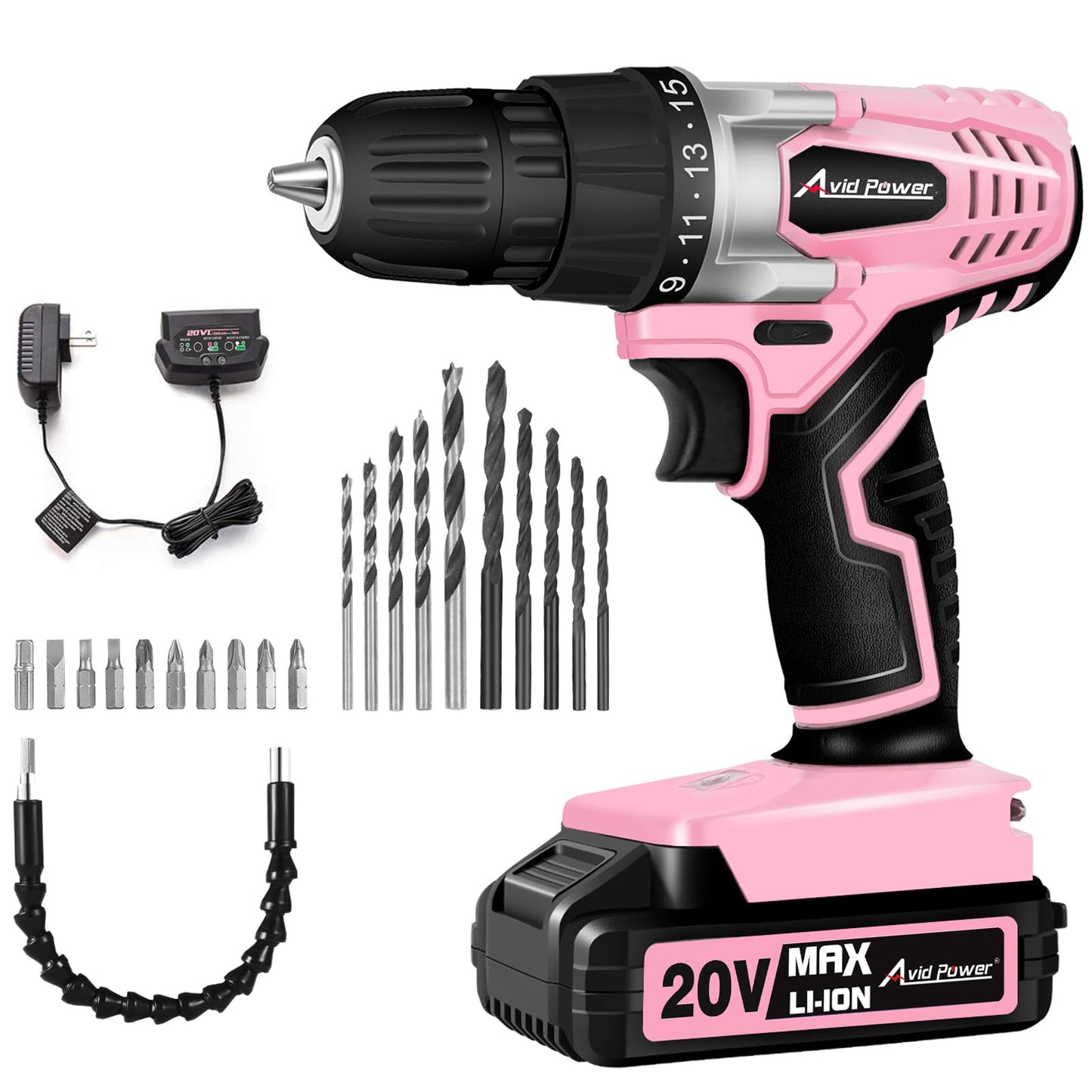 AVID POWER 20V MAX Lithium lon Cordless Drill Set, Power Drill Kit with Battery and Charger, 3/8-Inch Keyless Chuck, Variable Speed, 16 Position and 22pcs Bits (Pink)