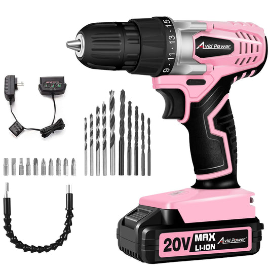 AVID POWER 20V MAX Lithium lon Cordless Drill Set, Power Drill Kit with Battery and Charger, 3/8-Inch Keyless Chuck, Variable Speed, 16 Position and 22pcs Bits (Pink)