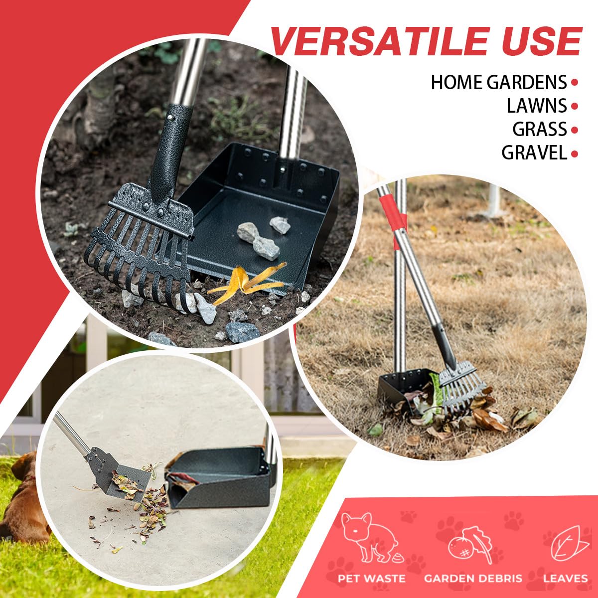 FUSBUNTY Pooper Scooper, Long Handle Dog Pooper Scooper, Heavy Duty Stainless Steel Rake with Tray & Spade Set for Pet Waste Removal, for Grass, Dirt or Gravel