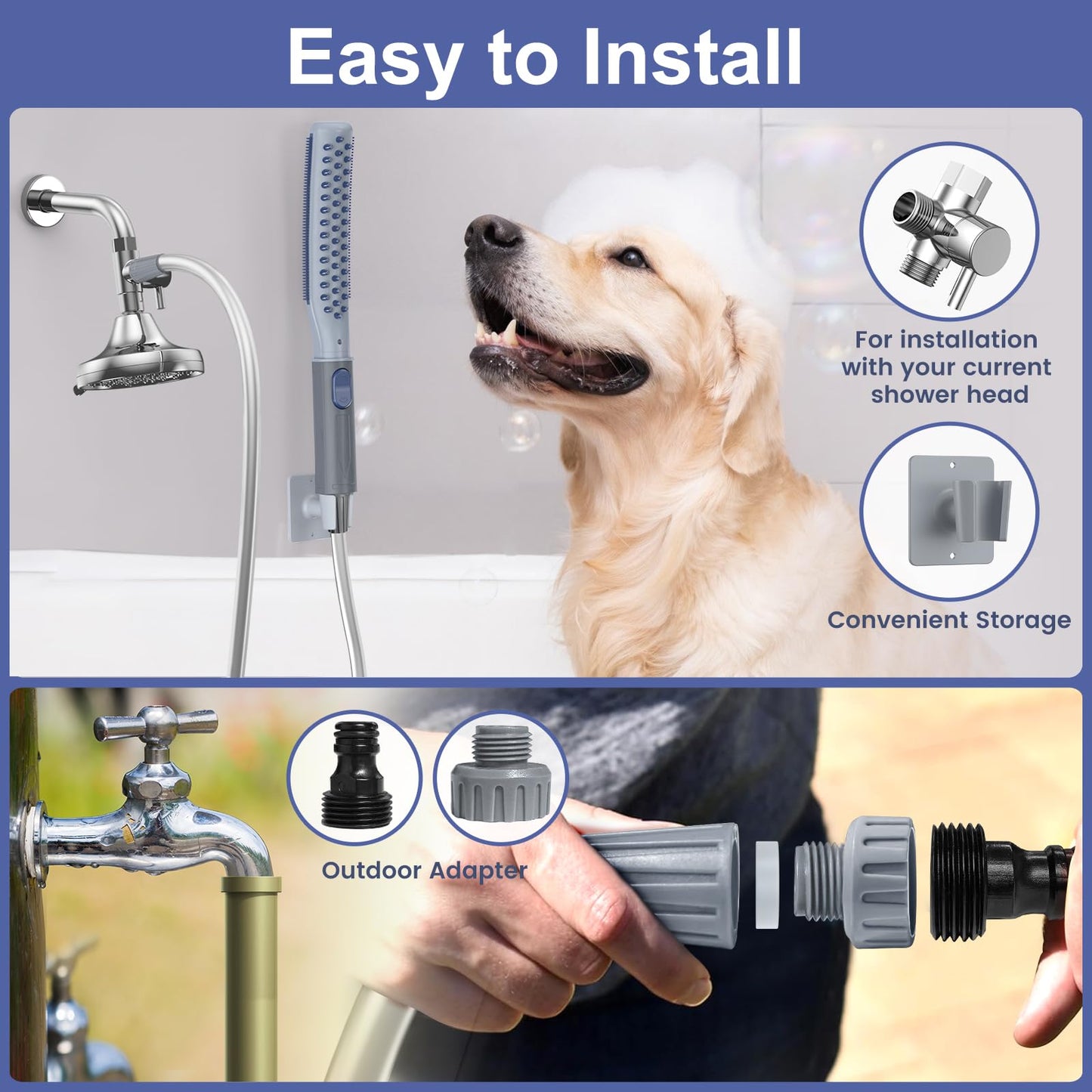 Dog Shower Attachment, Dog Shower With Metal Diverter, Pet Shower Attachment for Fast and Easy Dog Bathing, 3 Spray Modes One-Button Switch 8-Foot Hose For Indoor and Outdoor
