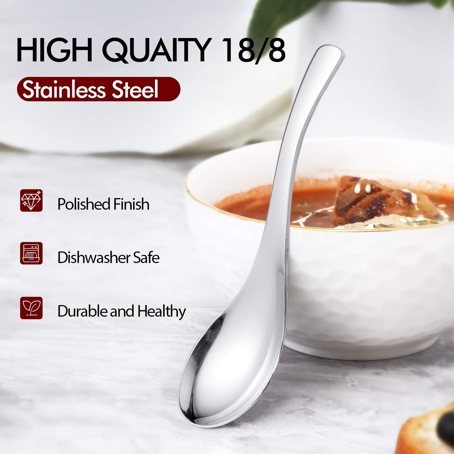 HIWARE Thick Heavy-weight Soup Spoons, High Grade Stainless Steel Soup Spoons, Set of 6