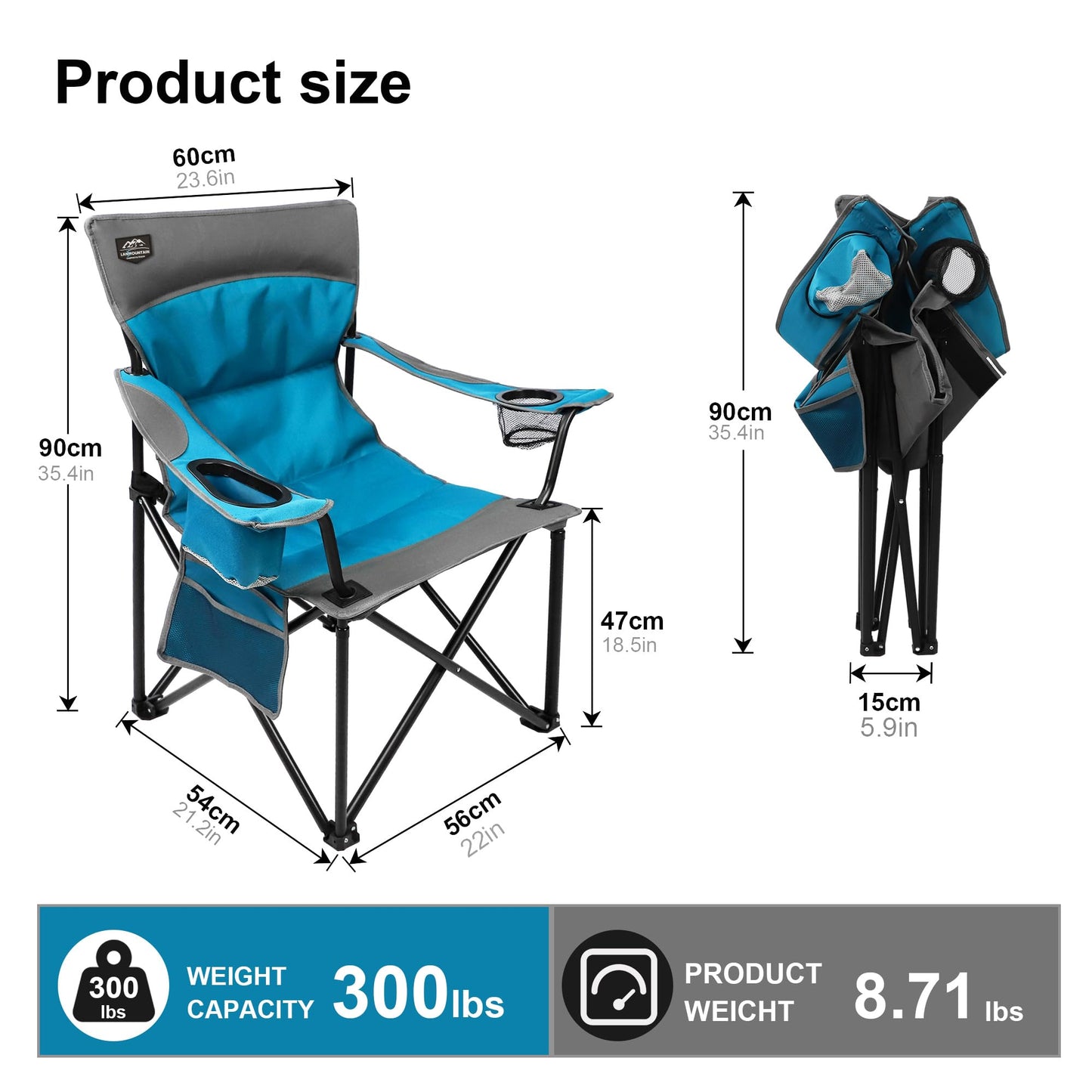 LANMOUNTAIN Oversized Folding Camping Chair,Heavy Duty Padded Portable Lawn Chair w/Extra Large Cup Holder,Side Pocket for Adults Outdoor Sports Hiking Beach Garden Picnic,Blue