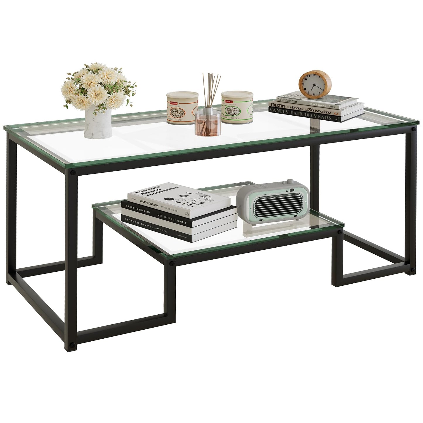 Wolawu Coffee Table Black Glass Coffee Table for Living Room,2 Tiers Rectangle Center Table with Sturdy Metal Frame,Modern Tempered Glass Accent Table for Bedroom Home Office
