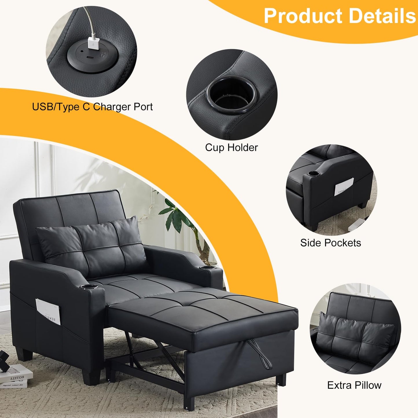 Karl home Sleeper Chair Convertible Sofa Bed with USB/Type C Ports 3-in-1 Pull Out Sofa Bed Adjustable Reading Chair with Cup Holders, PU Leather Black