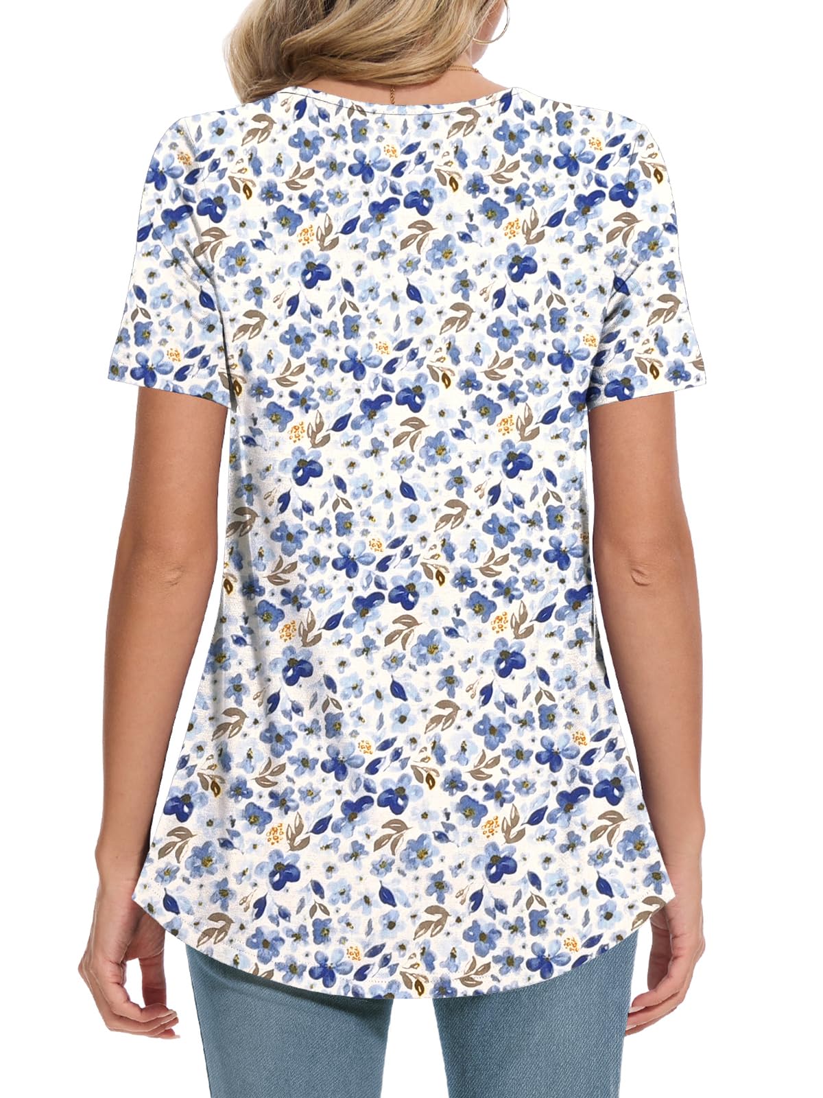 MUSE SHOW Women's 2025 Summer Tops Short Sleeve Tunic Shirts Casual Comfy Blouse White and Blue Flowers L