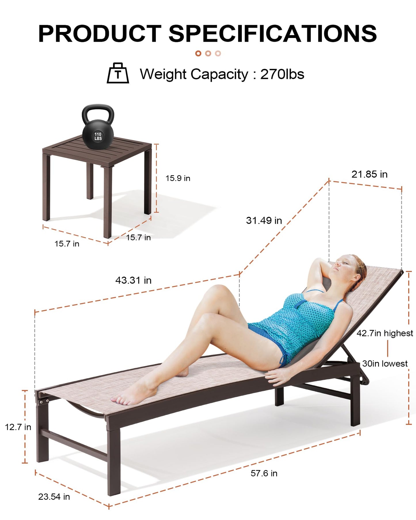 Crestlive Products 2PCS Chaise Lounge Chairs Outdoor with 1PC Side Table, Aluminum Patio Lounge Set, Adjustable Five-Position Recliner for Beach, Pool, Sunbathing, Lawn, Yard