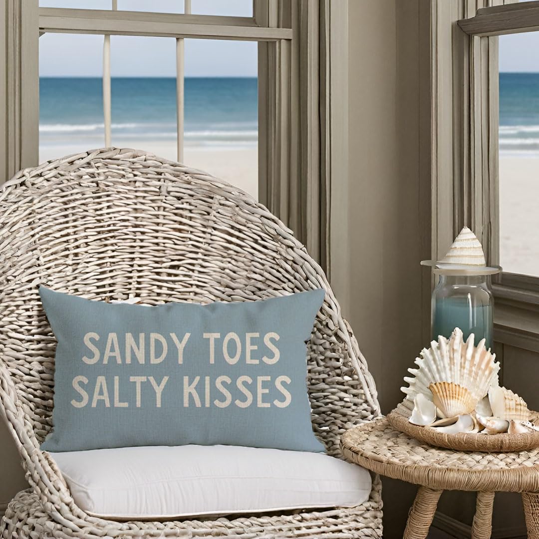 PANDICORN Summer Beach Throw Pillow Covers 12x20 Inch Sayings Sandy Toes and Salty Kisses Nautical Pale Blue Outdoor Decorations Lumbar Decorative Cushion Case for Home Living Room Sofa Couch Decor