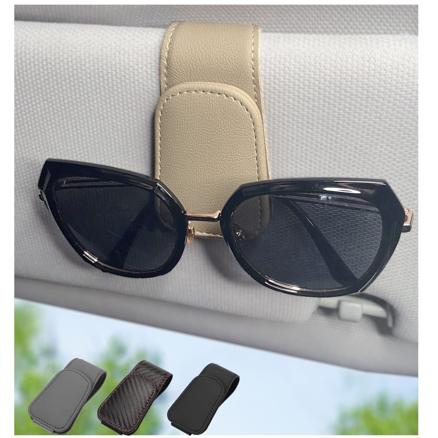 Magnetic Leather Sunglass Holder for Car, Sunglasses Clip for Car Visor, Auto Interior Accessories Universal for Different Size Eyeglasses (Black)