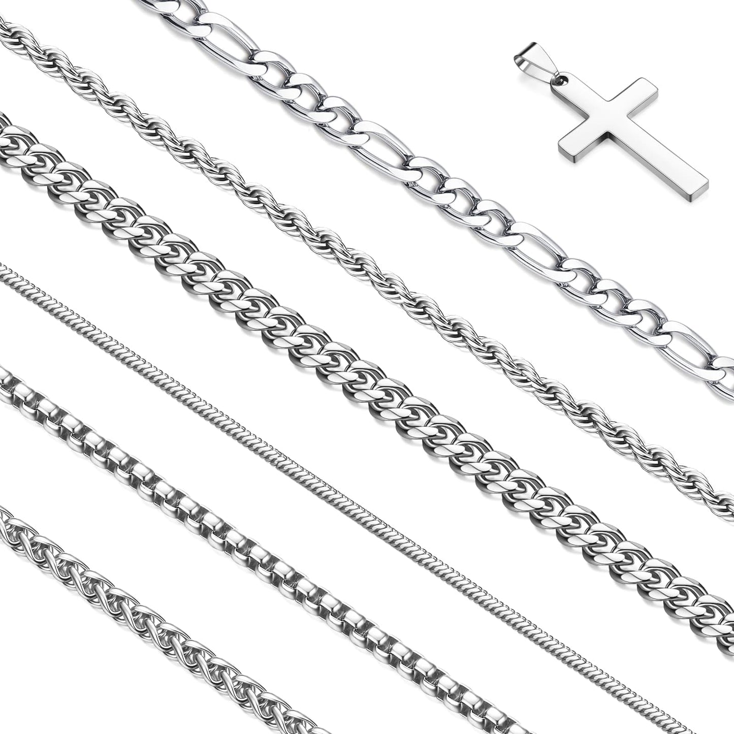 CLASICOMIS Silver Chain for Men, 7 Pcs Stainless Steel Cross Chain Mens Necklace Jewelry Set for Men (6 Chains+1 Cross Pendant,18"/20" Stackable Length)