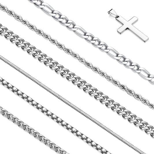 CLASICOMIS Silver Chain for Men, 7 Pcs Stainless Steel Cross Chain Mens Necklace Jewelry Set for Men (6 Chains+1 Cross Pendant,18"/20" Stackable Length)