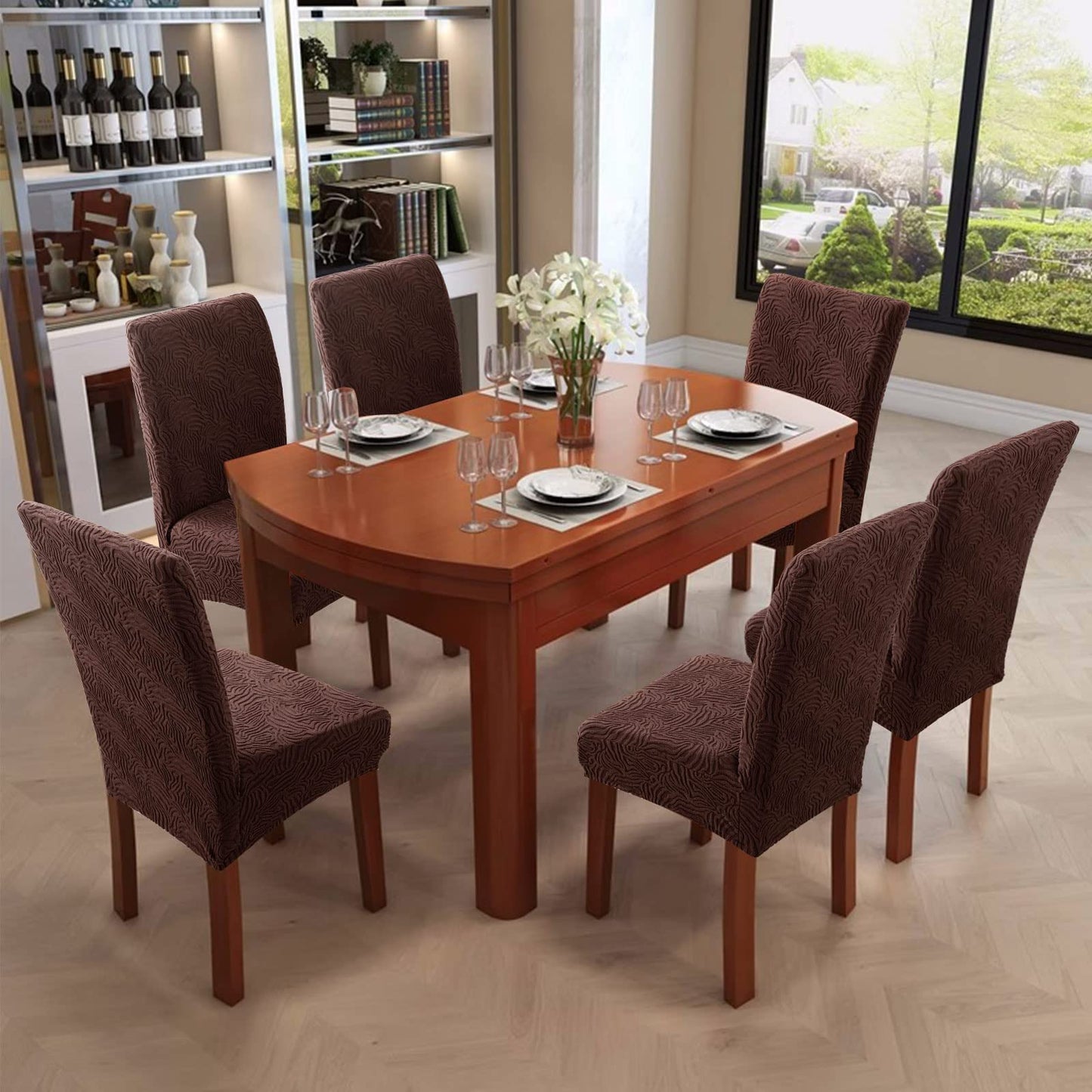 YUEANG Dining Chair Covers, Chair Covers for Dining Room Stretch Parsons Chair Slipcover, for Dining Room Kitchen Chair Protector Cover, Removable, Washable (Chocolate, 6 Pack)
