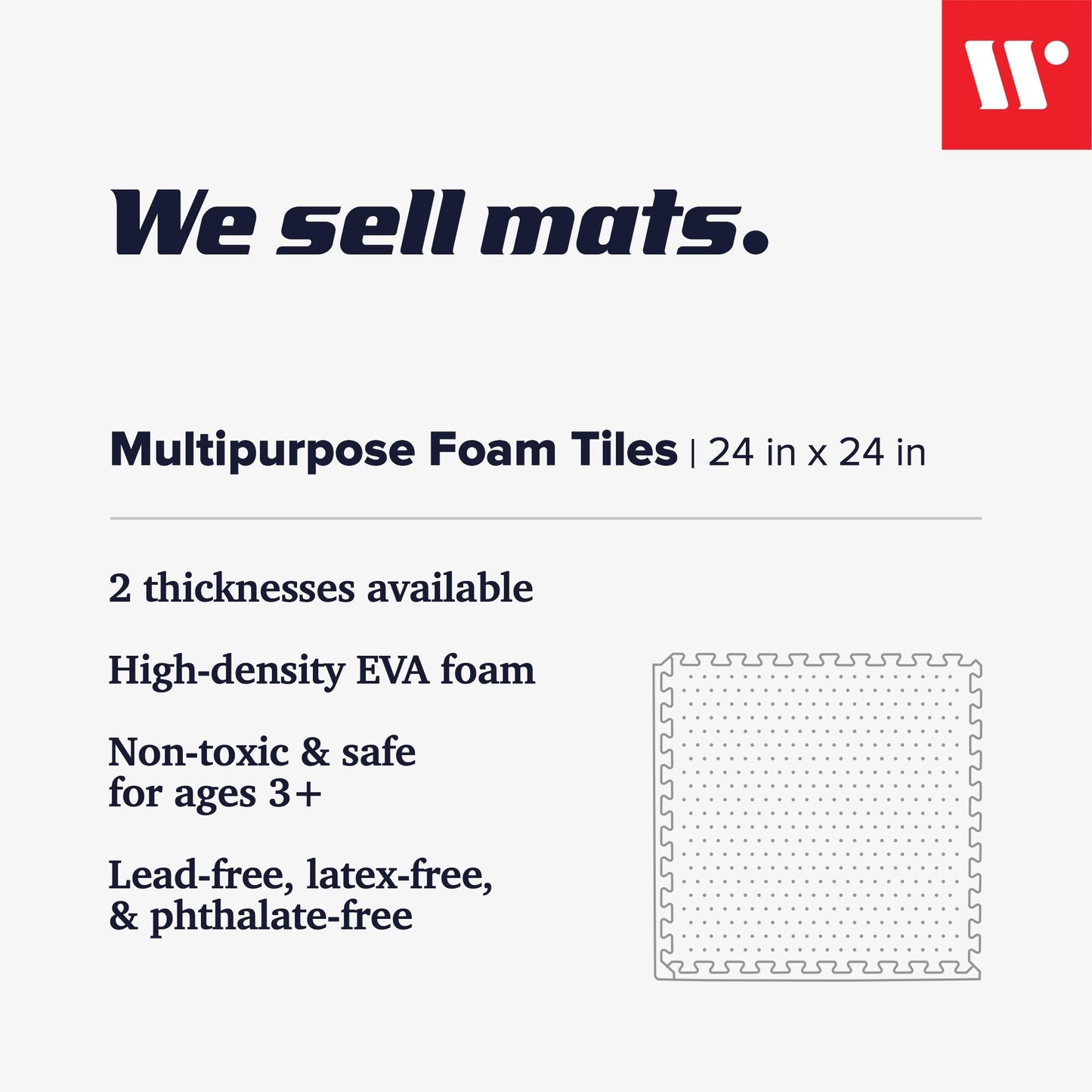 We Sell Mats 3/8 Inch Thick Multipurpose Exercise Floor Mat with EVA Foam, Interlocking Tiles, Anti-Fatigue for Home or Gym, 24 in x 24 in