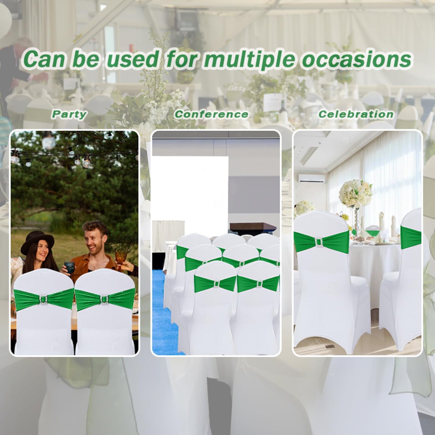 Joccun 60 PCS Spandex Chair Sashes Bows Stretch Chair Cover Band with Buckle Slider Universal Elastic Chair Ties for Wedding Banquet Party Event Decoration (EmeraId)