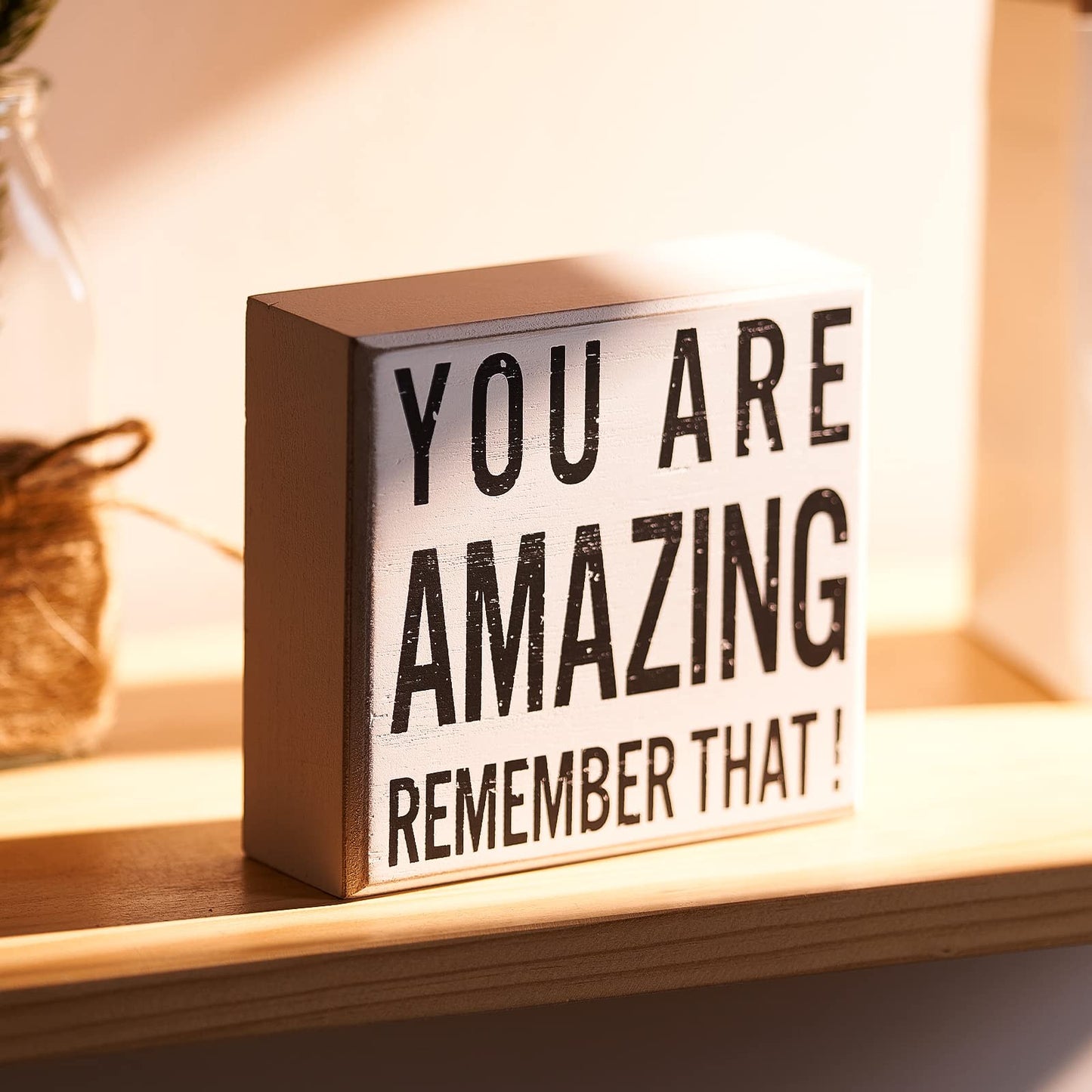 Inspirational Wooden Box Sign You are Amazing Remember That Wood Box Sign Home Decor Motivational Quote Desk Decor Thank You Gift for Home Office Bedroom Table 4.9 x 5.2 Inches(White)