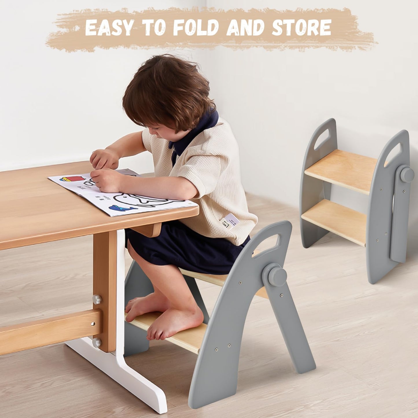 Wooden 2 Step Stool for Kids Bathroom Sink Foldable Anti-Slip 2-Step for Toilet Potty Training, Child Stepping Stool for Kitchen Nursery Bedroom, Sturdy Non Slip Adult Stool for Closet Grey