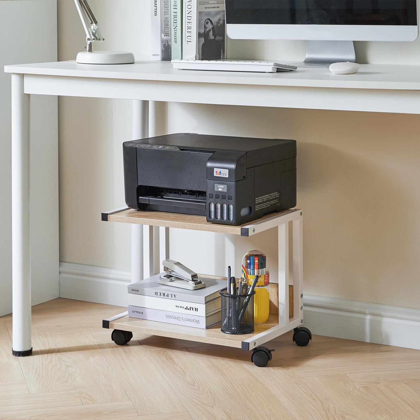 IBUYKE Under Desk Printer Stand,2 Tier Printer Cart for Printer,Mobile Home Desktop Organizer Shelf with 4 Wheels,for Printer, Fax, Home Office Use，Rustic Brown UTLJ007R