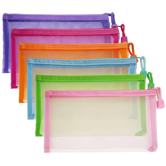 Mesh Pouches(6 Pack), Small Mesh Bags with Zipper Nylon Makeup Pouches Bag Cosmetic Pouch Travel Purse Organizer Insert Diaper Inside Bag Organizers Home Organizing Size See Through Cute Colors