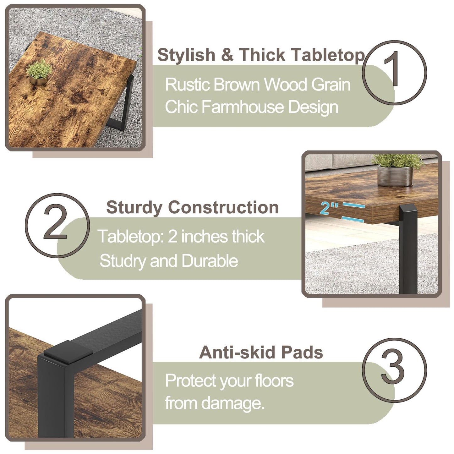 FOLUBAN Coffee Table, Modern Rustic Wood and Metal Center Table, Industrial Rectangle Cocktail Tea Table for Living Room, Brown, 47 Inch