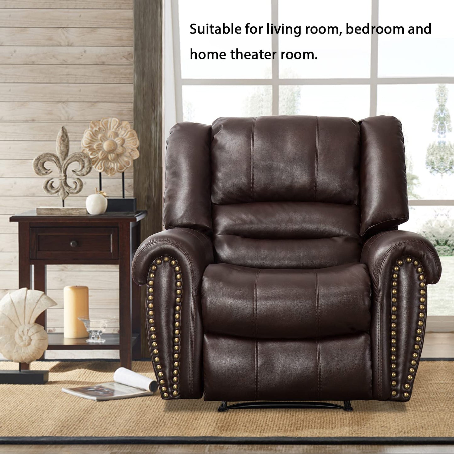 INZOY Leather Recliner Chair, Heavy Duty Manual Reclining Sofa Single Lounge Sofa for Living Room, Home Theater Seating, Brown