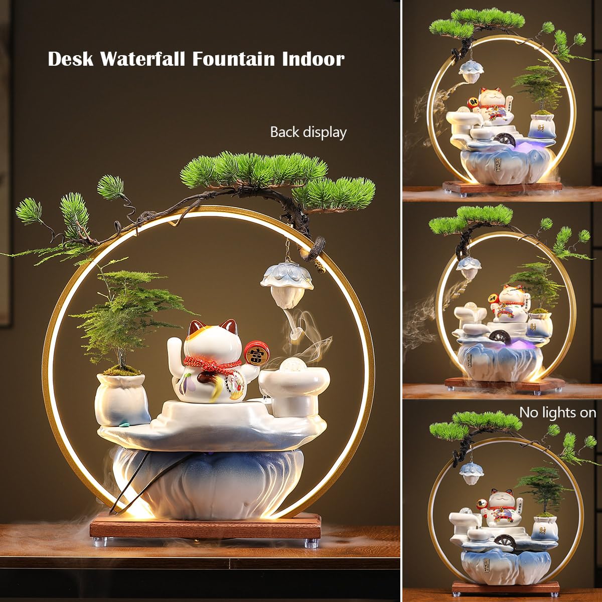 TXYXT Indoor Tabletop Waterfall Fountain with Chinese Ceramic Lucky Cat Waving Arm Figurine，Desktop Mini Water Fountain Decoration，LED Light Ring Backflow Incense Burner for Desk