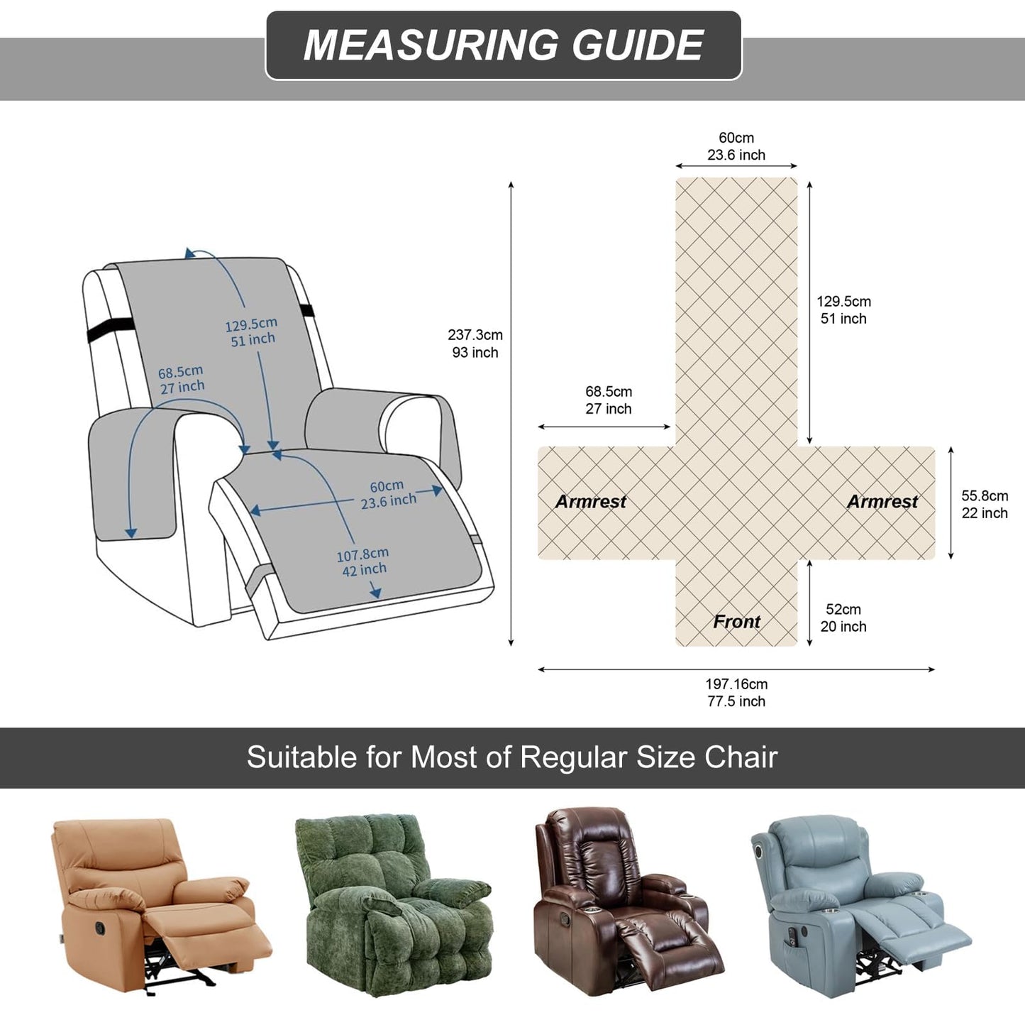 100% Waterproof Recliner Chair Cover, Recliner Chair Covers for Reclining Chair, Non-Slip Fabric Recliner Couch Cover for Living Room, for Pets Kids Protector, Washable (Taupe, 23.6"Recliner Chair)