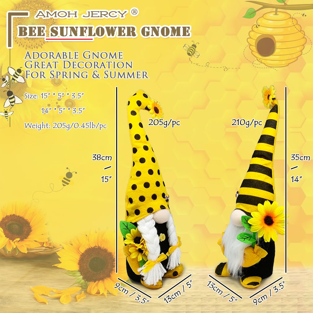 AMOH JERCY Tall Sunflower Gnome Set – 2PCS 15” & 14” Bee Plush Scandinavian Gnomes, Rustic Farmhouse Spring & Summer Decor, Tiered Tray & Mantel Decorations, Housewarming Gift, Party Table Centerpiece