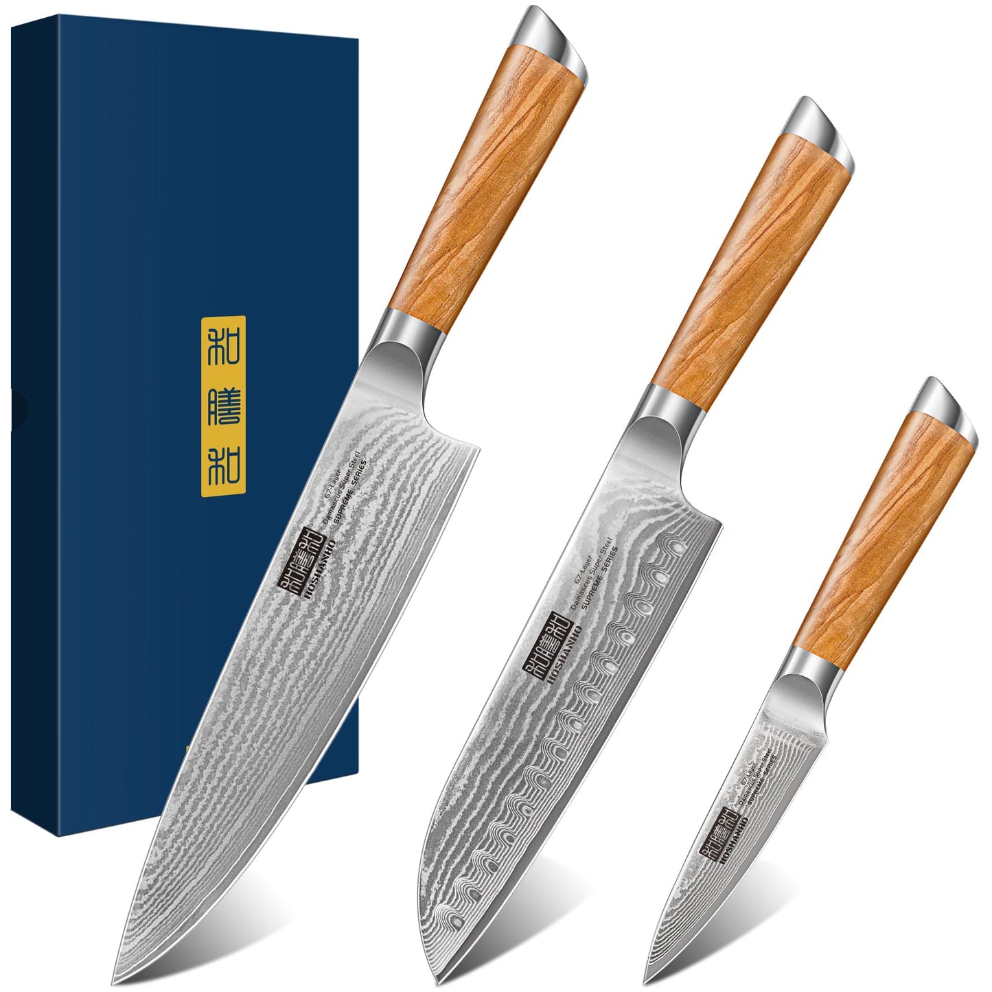 HOSHANHO Damascus Kitchen Knife Set 3-Piece, Ultra Sharp 8" Chef Knife, 7" Santoku Knife, 3.75" Paring Knife, Professional VG-10 Damascus Super Steel Chef Knife Set with Ergonomic Handle