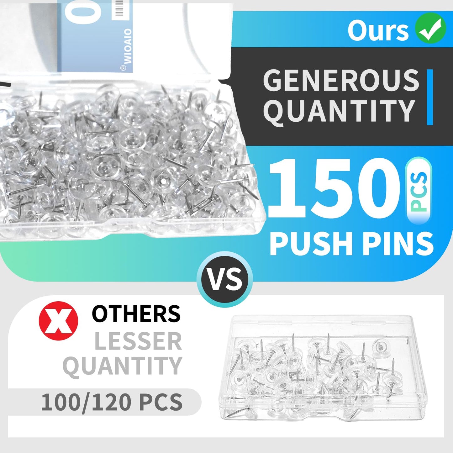 150 PCS Clear Push Pins Tacks Count in Reusable Box for Bulletin Boards and Wall Displays Heavy Duty Plastic Head