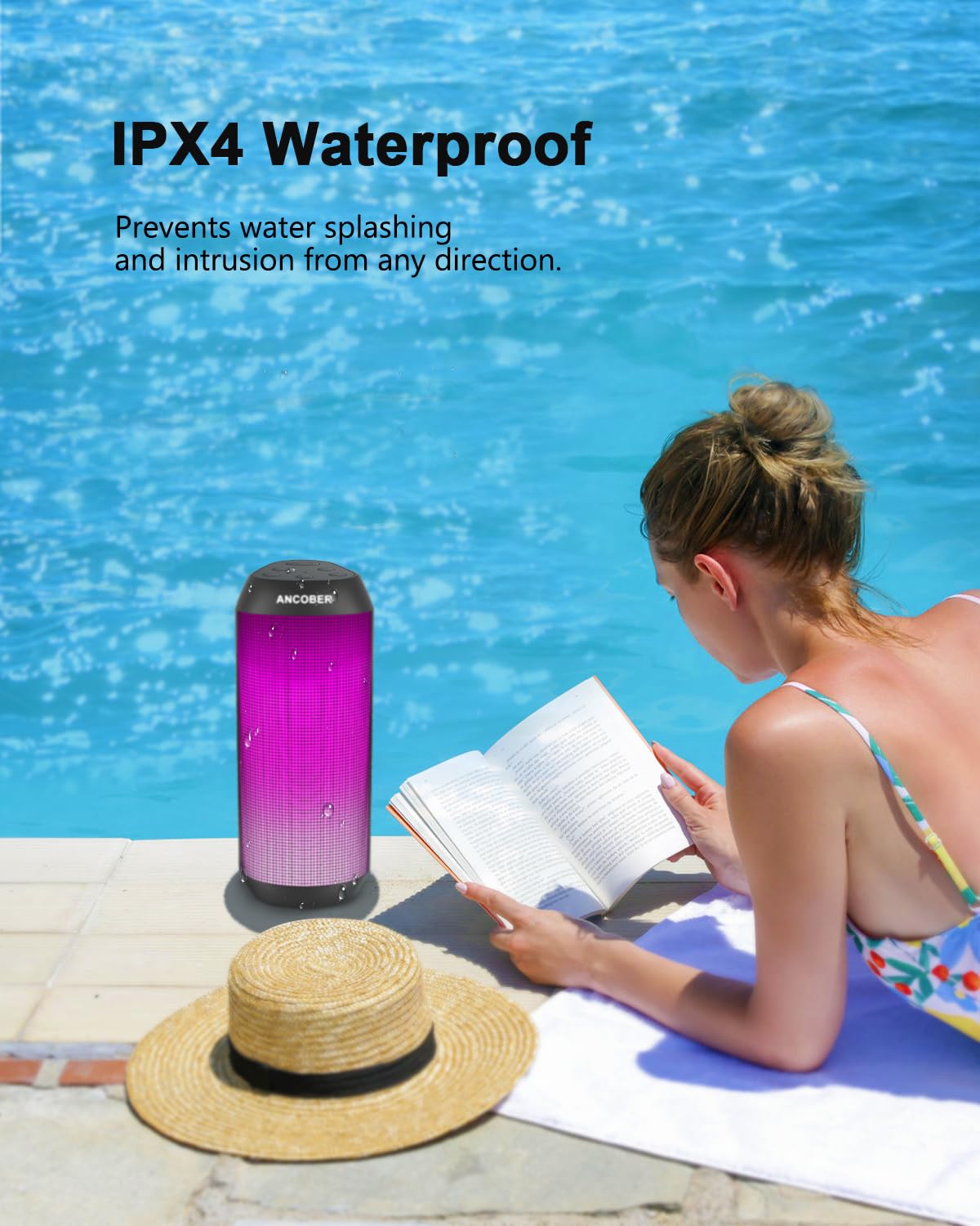 Bluetooth Speaker, Portable Wireless, 15W Stereo Sound, IPX4 Waterproof, with Cool Lights, TWS Pairing, BT5.3/AUX IN, for Outdoor/Indoor/Party/BBQ/Shower, Electronics Gadget, Holiday Birthday Gifts