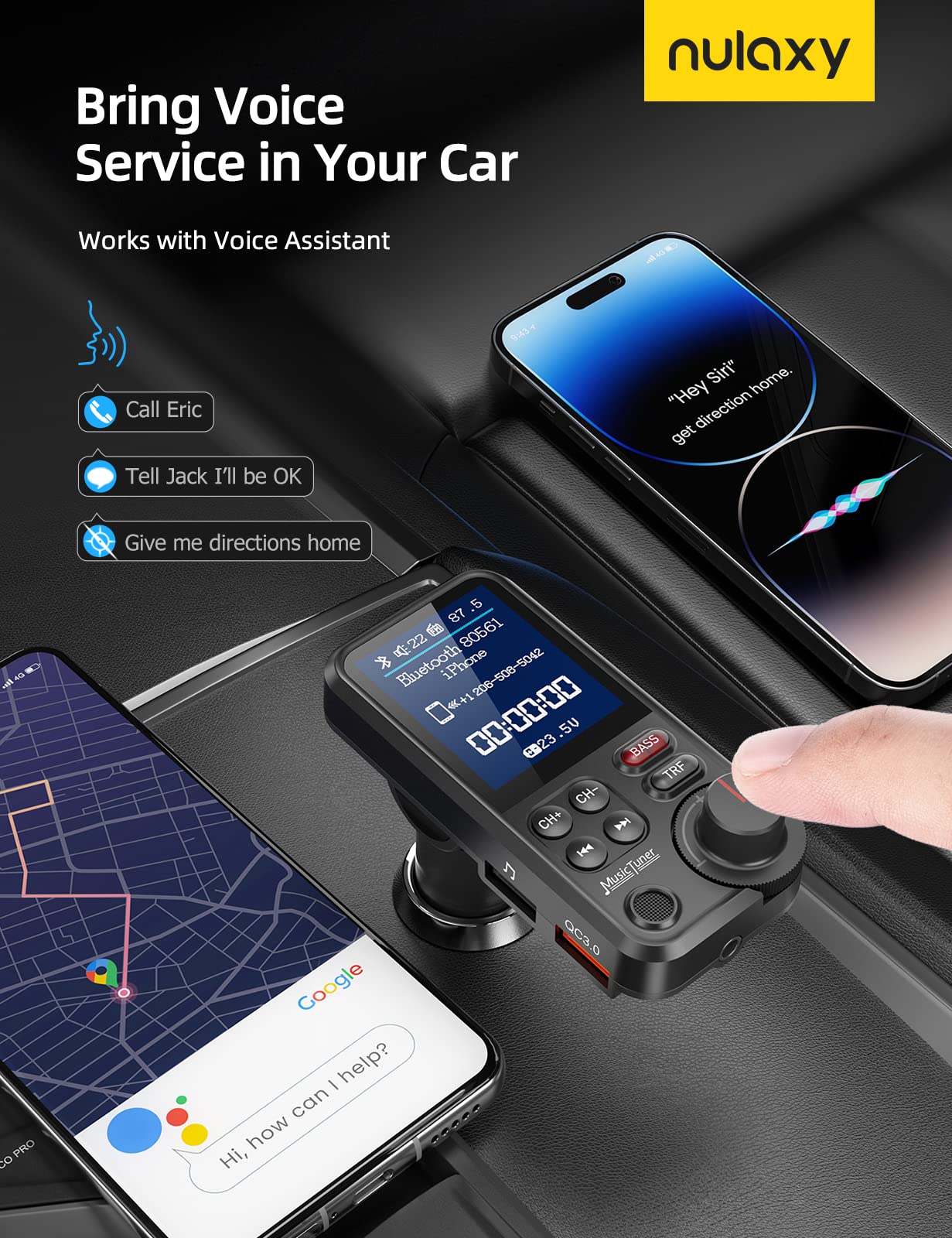 Nulaxy FM Bluetooth Transmitter for Car, Strong Microphone Bluetooth Car Adapter with 1.8" Color Screen for Hands-Free Calls, Supports QC3.0 Charging, Treble and Bass Sound Music Player- KM30