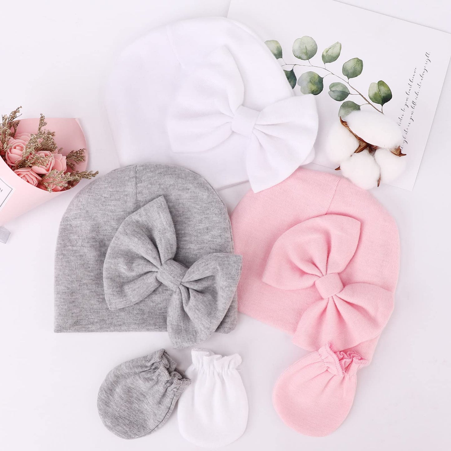 Newborn Baby Hats and Mittens Set Infant Bow Beanie Cap Toddler Gloves Newborn Hospital Hats for Baby Boy Girl 0-6 Months