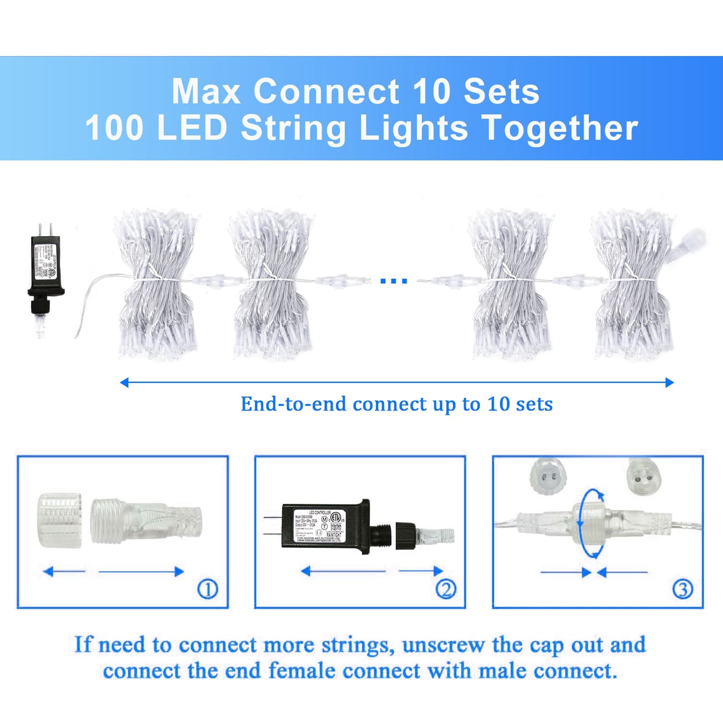 JMEXSUSS 2 Pack 100 LED White Christmas Lights Indoor, 33ft 8 Modes White String Lights Indoor Outdoor Connectable, Clear Wire Christmas String Lights for Bedroom Tree Xmas House Party Decorations