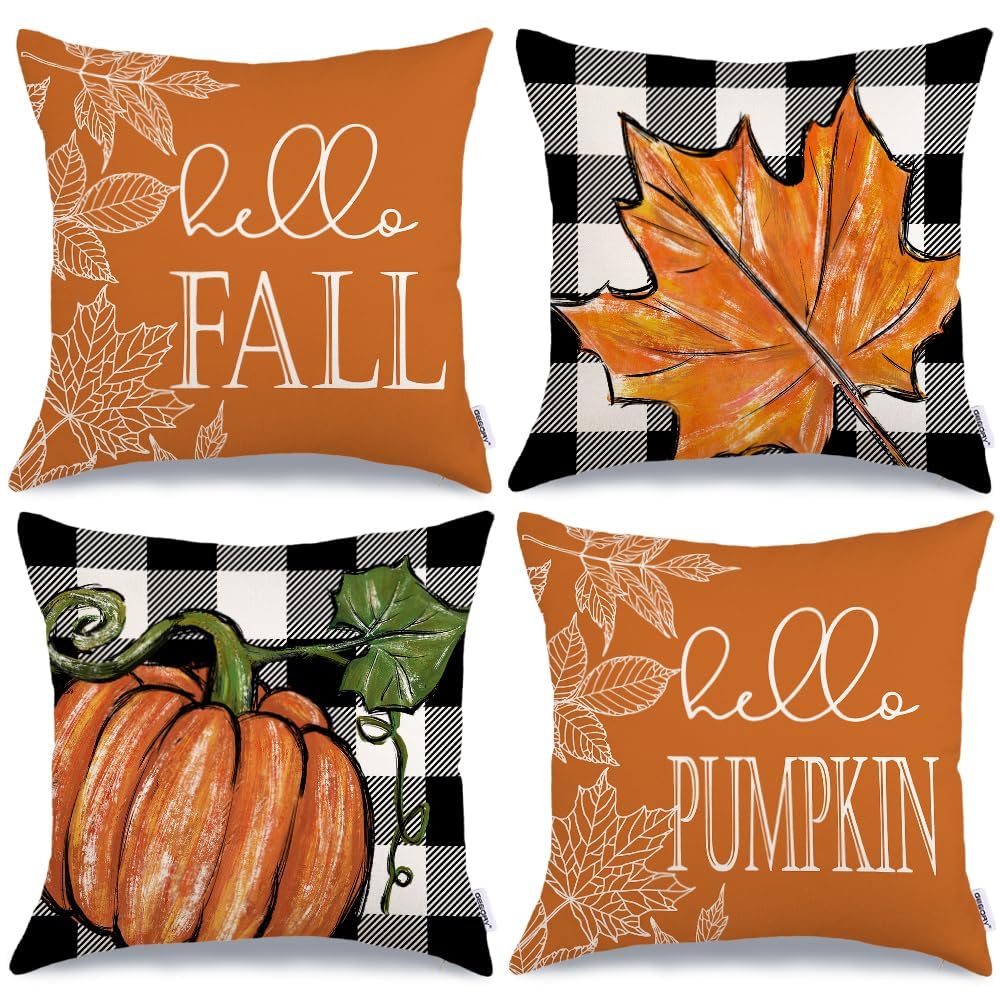 GEEORY Fall Pillow Covers 18x18 Set of 4, Buffalo Plaid Pumpkin and Maple Leaves Autumn Decorative Throw Pillows Farmhouse Decor Thanksgiving Decorations Cushion Case for Sofa