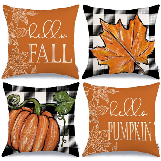 GEEORY Fall Pillow Covers 18x18 Set of 4, Buffalo Plaid Pumpkin and Maple Leaves Autumn Decorative Throw Pillows Farmhouse Decor Thanksgiving Decorations Cushion Case for Sofa
