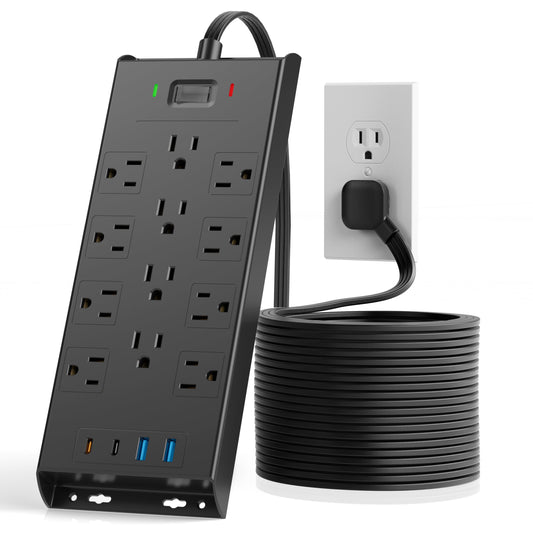 Flat Plug Power Strip 10Ft Long Extension Cord, LeZone 4800J Surge Protector, 12 Outlets 2 USB C 2 USB Ports, Wall Mountable, PD20W Desk Charging Station, Black