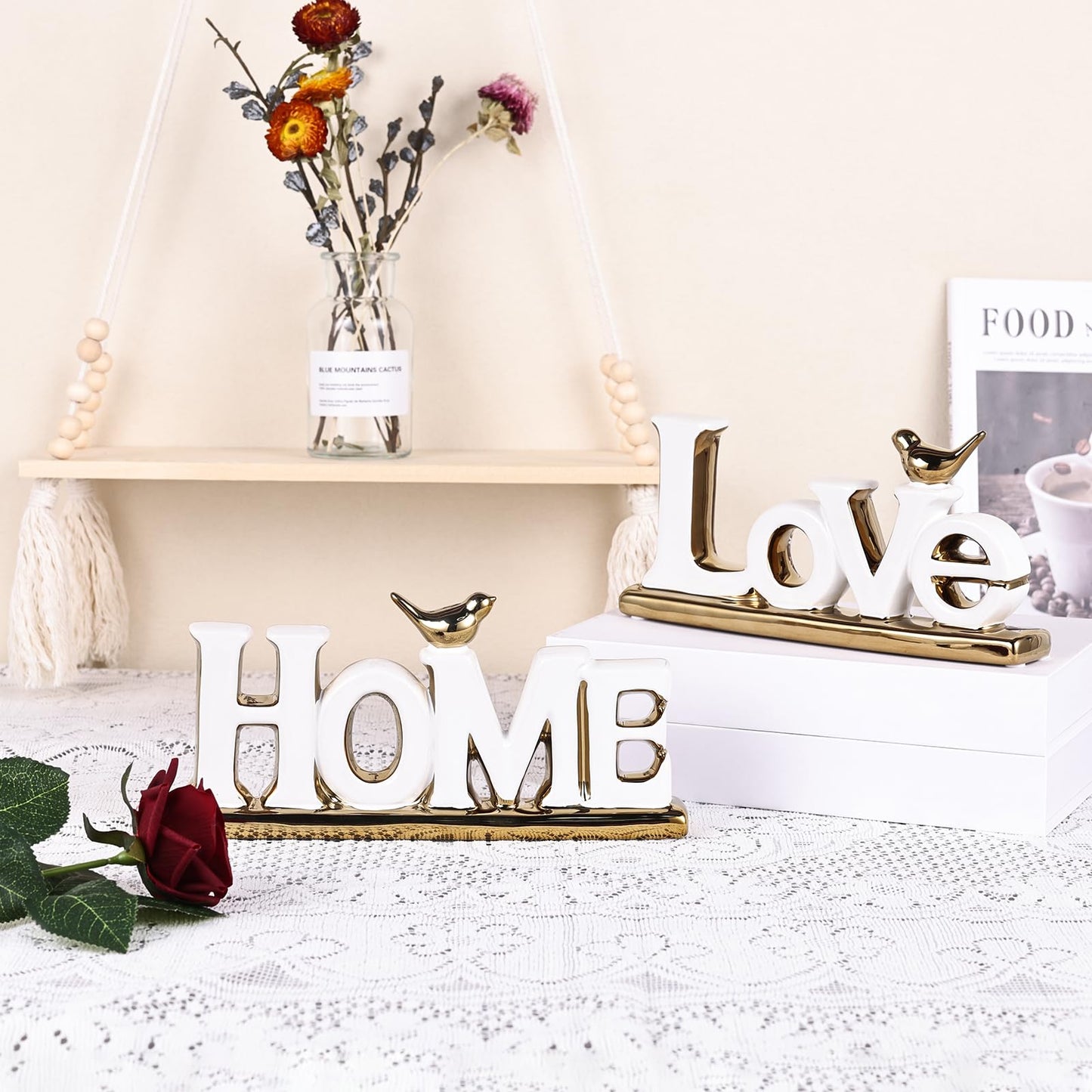 Love Sign Decor,White and Gold Room Decor Aesthetic, Knick Knack Shelf,Gold Bird Decor, Boho Bookshelf ,Abstract Gold Statue ,For Living Room,Bedroom, Contemporary Tv Stand Decor set of 2 (2, White)