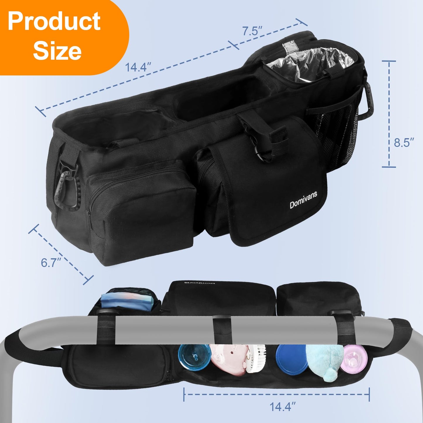 Domivans Double Stroller Organizer,Double Stroller Caddy for Bob Duallie and Baby Jogger City Mini GT2,Extra Large Double Baby Stroller Accessories with Cup Holder,Black(Empty Bag)
