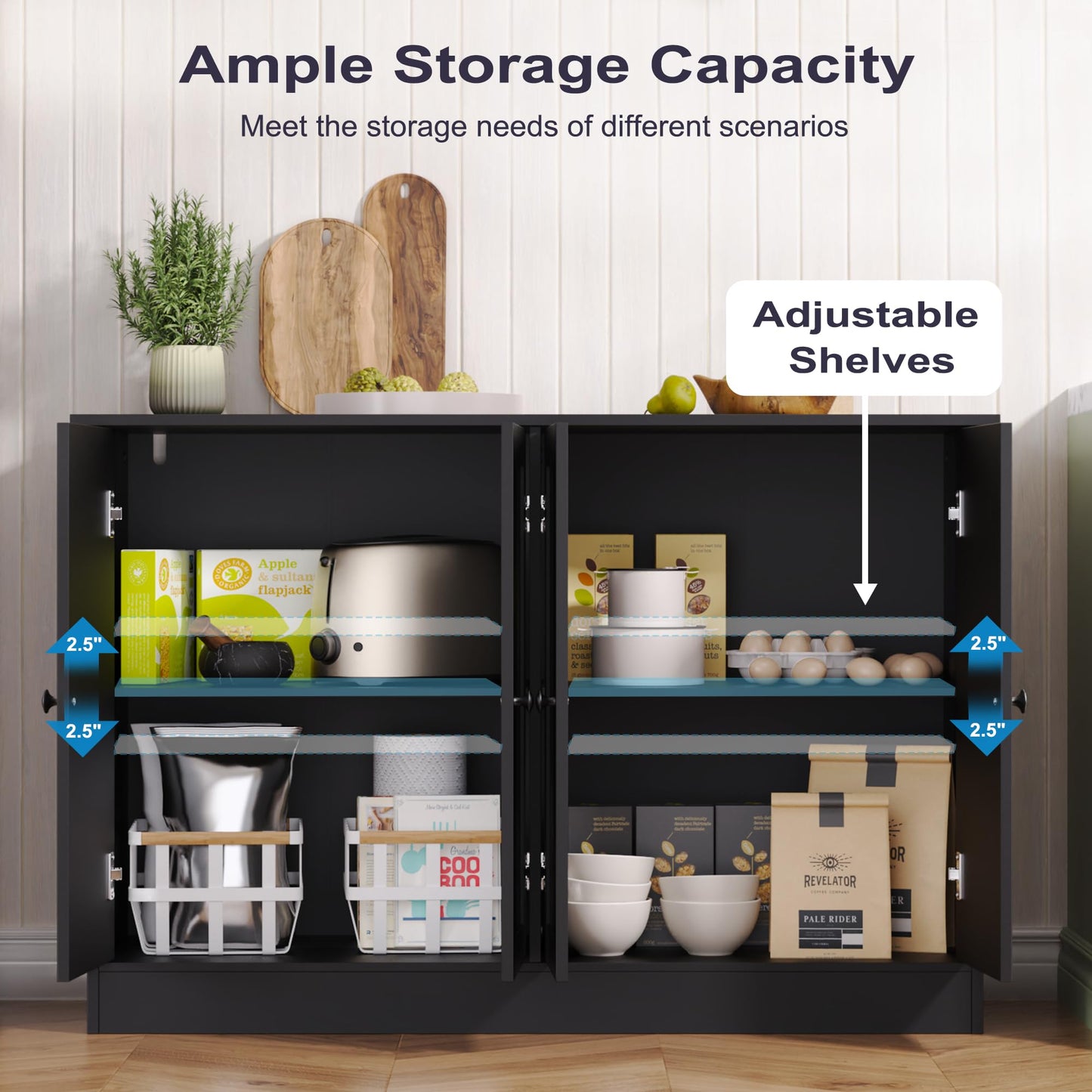 Furnify Sideboard Buffet Cabinet with Storage, 47" W Kitchen Storage Cabinet with 4 Doors, Modern Farmhouse Coffee Bar Station Wood Kitchen Table for Living Room Dining Room, Black