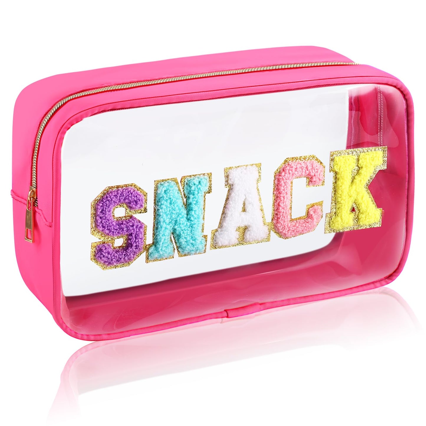 URSKYTOUS Chenille Letter Clear Makeup Bag Large Travel Preppy Patch Snack Cosmetic Bag with Zipper Cute Makeup Pouch Transparent PVC Waterproof Toiletry Organizer Storage for Women Girls (Hot Pink)