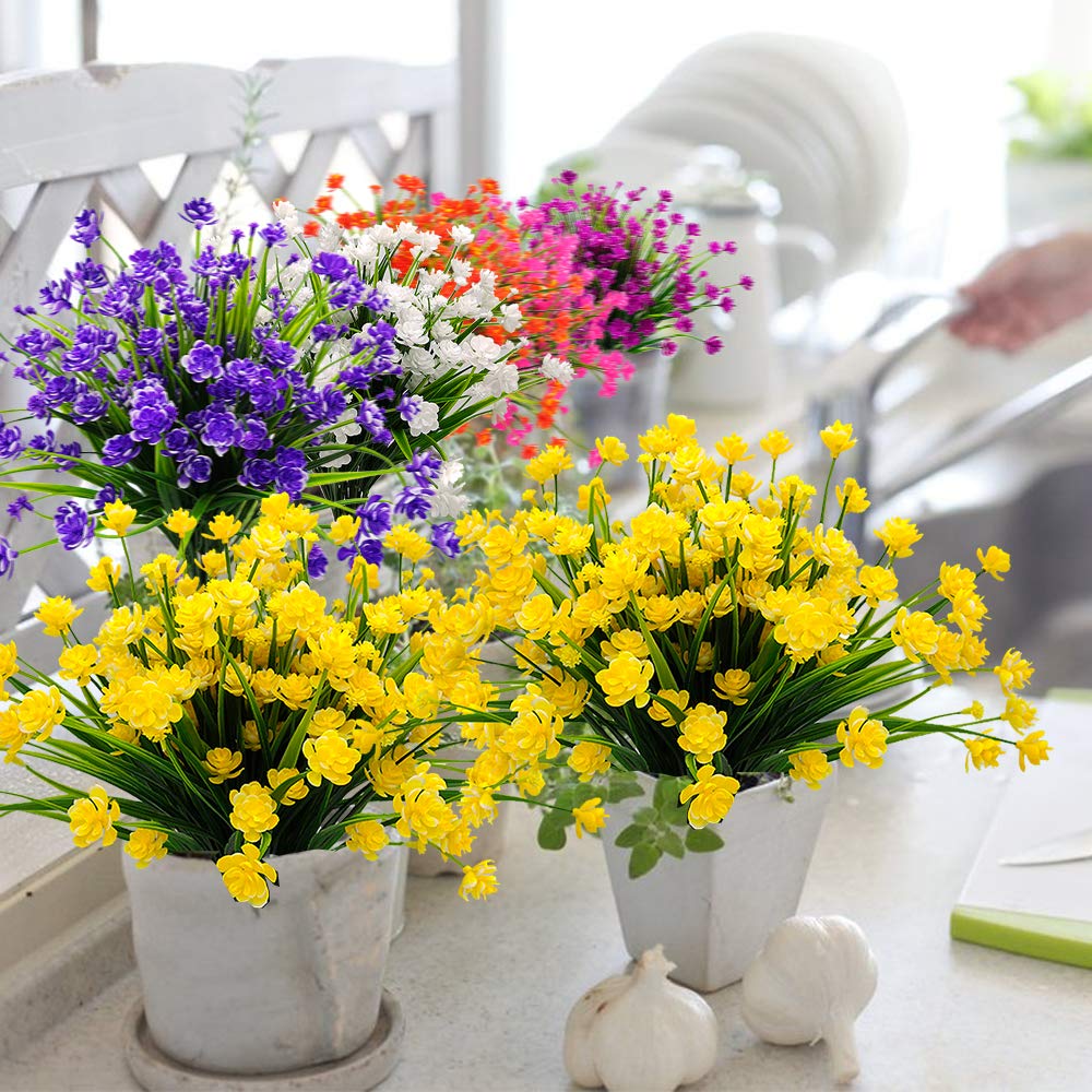 Grunyia Artificial Flowers, 20 Bundles Outdoor Fake Flowers for Decoration UV Resistant Faux Plastic Plants Garden Porch Window Box Décor (Yellow)