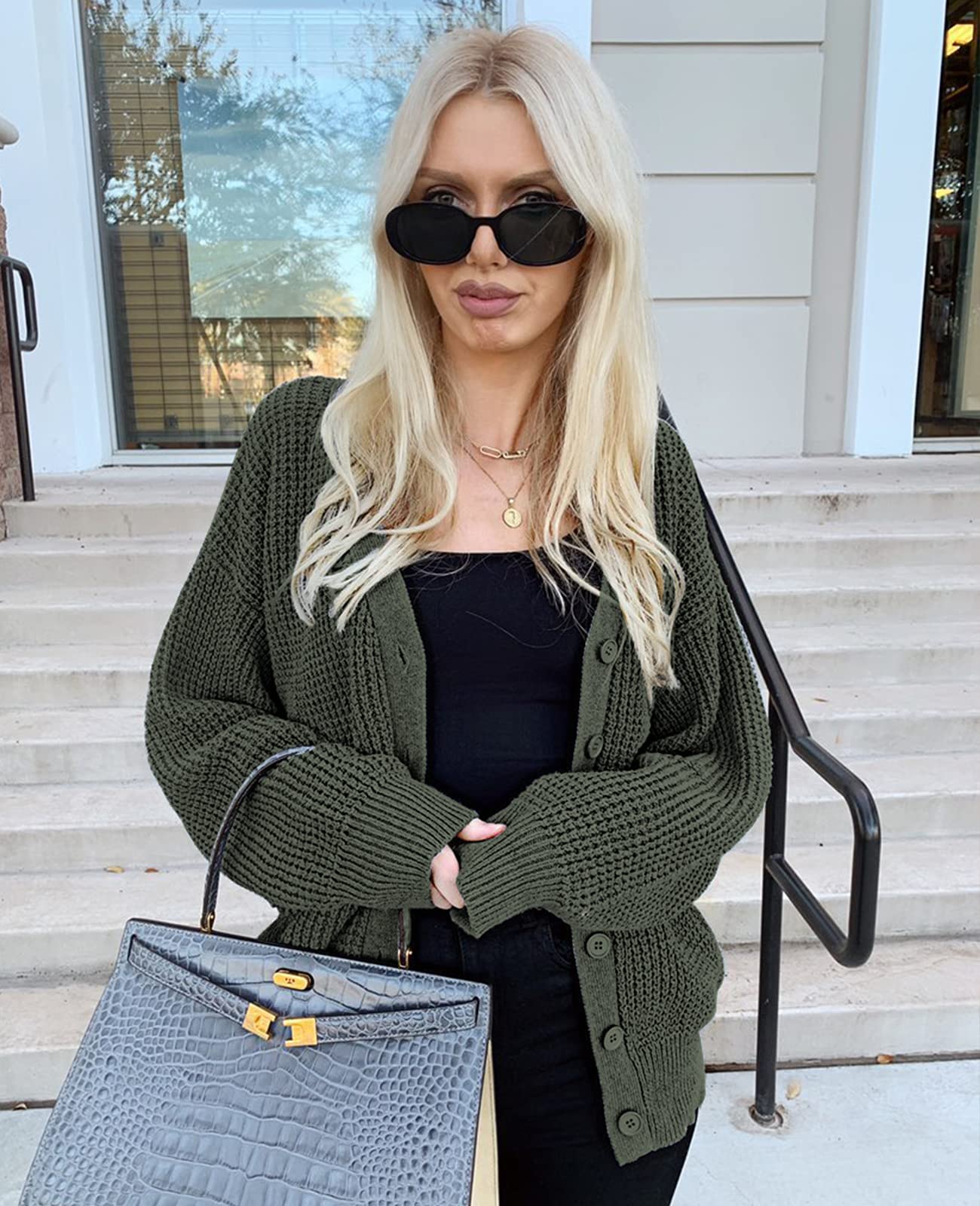 QUALFORT Cardigan Sweaters for Women 100% Cotton Button-Down Long Sleeve Oversized Knit Coatigan Jackets Green Large